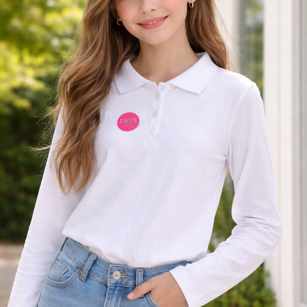 NWT Big Girls' Uniform Long Sleeve Stretch Button Polo, White, Size Large 10/12